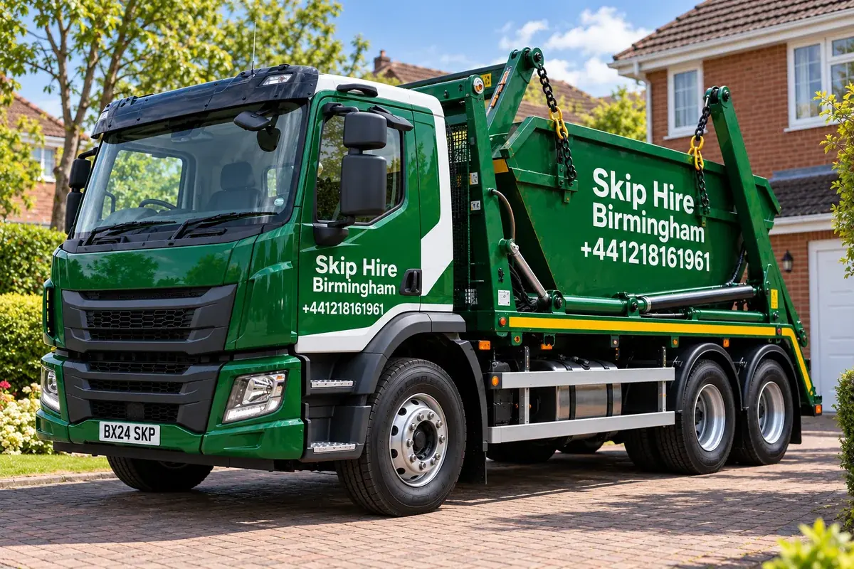 Green Skip Hire Birmingham skip-loader lorry showing the Acocks Green number +441218161961