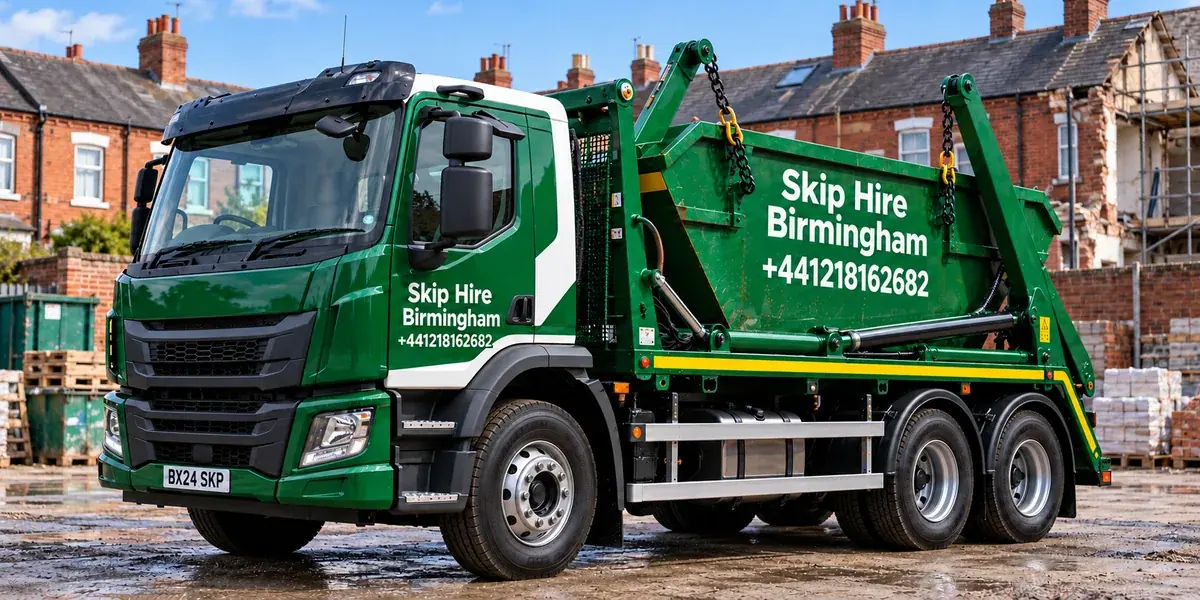 Green Skip Hire Birmingham skip-loader lorry showing the Aston number +441218162682