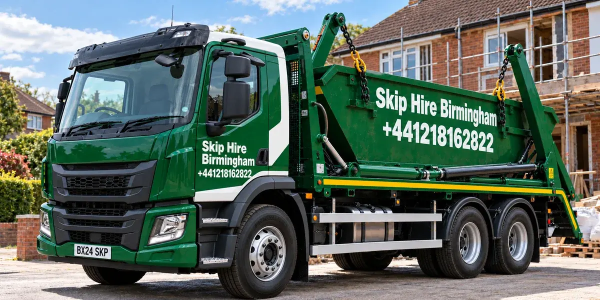 Green Skip Hire Birmingham skip-loader lorry showing the Erdington number +441218162822