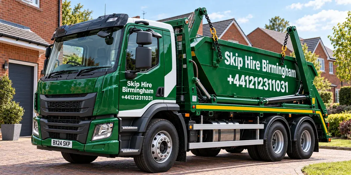Green Skip Hire Birmingham skip-loader lorry showing the Hall Green number +441212311031