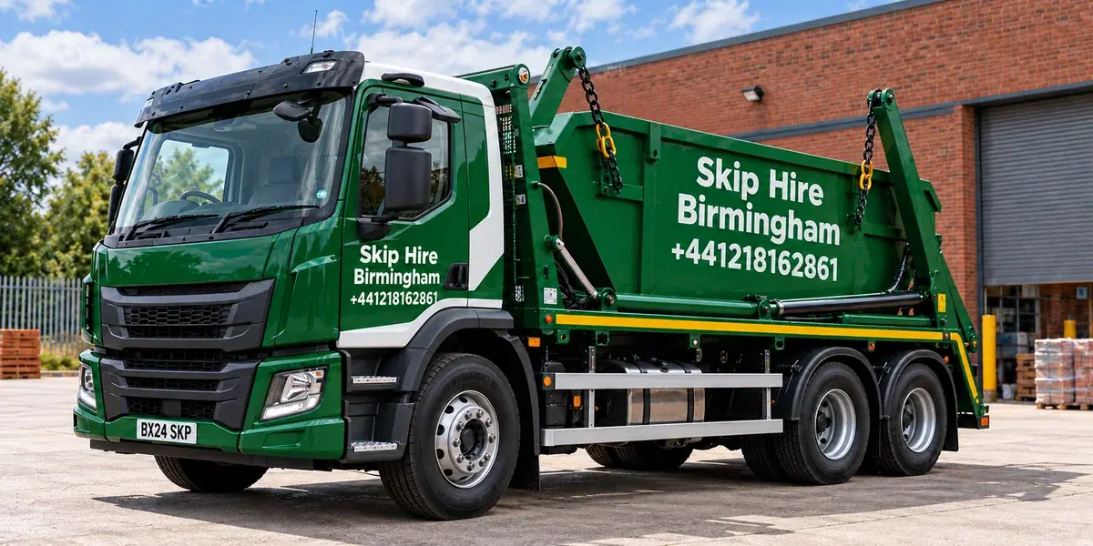 Green Skip Hire Birmingham skip-loader lorry showing the Handsworth number +441218162861