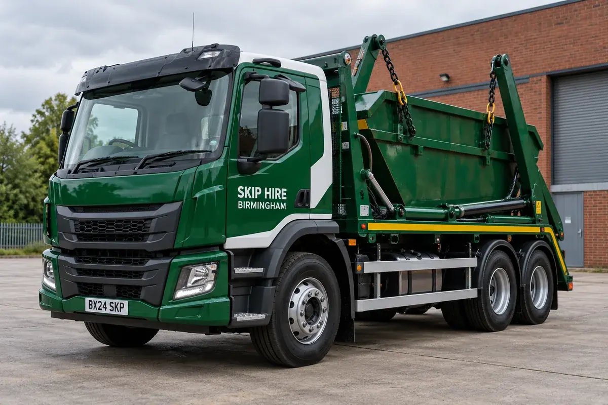 Green Skip Hire Birmingham skip-loader lorry parked outside a brick workshop