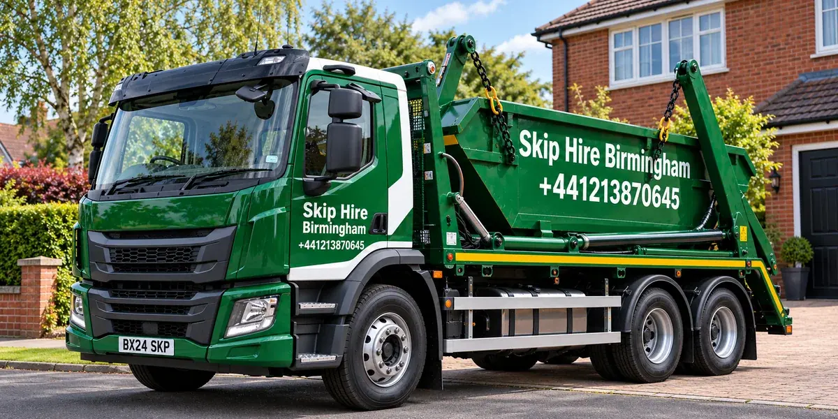 Green UK skip-hire lorry branded Skip Hire Birmingham and +441213870645