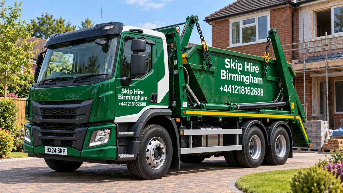 Green Skip Hire Birmingham skip-loader lorry showing the Northfield number +441218162688