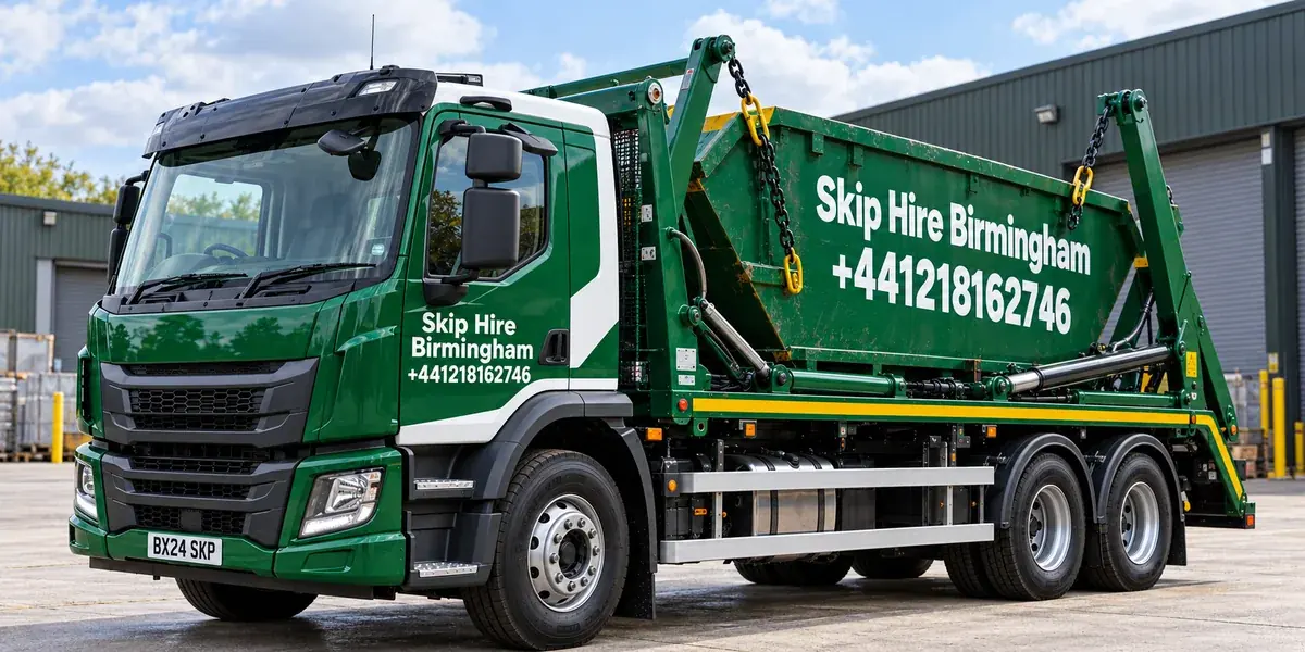 Green Skip Hire Birmingham skip-loader lorry showing the Perry Barr number +441218162746