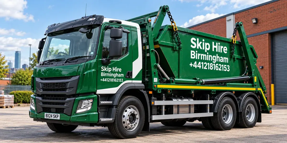 Green Skip Hire Birmingham skip-loader lorry showing the Small Heath number +441218162153