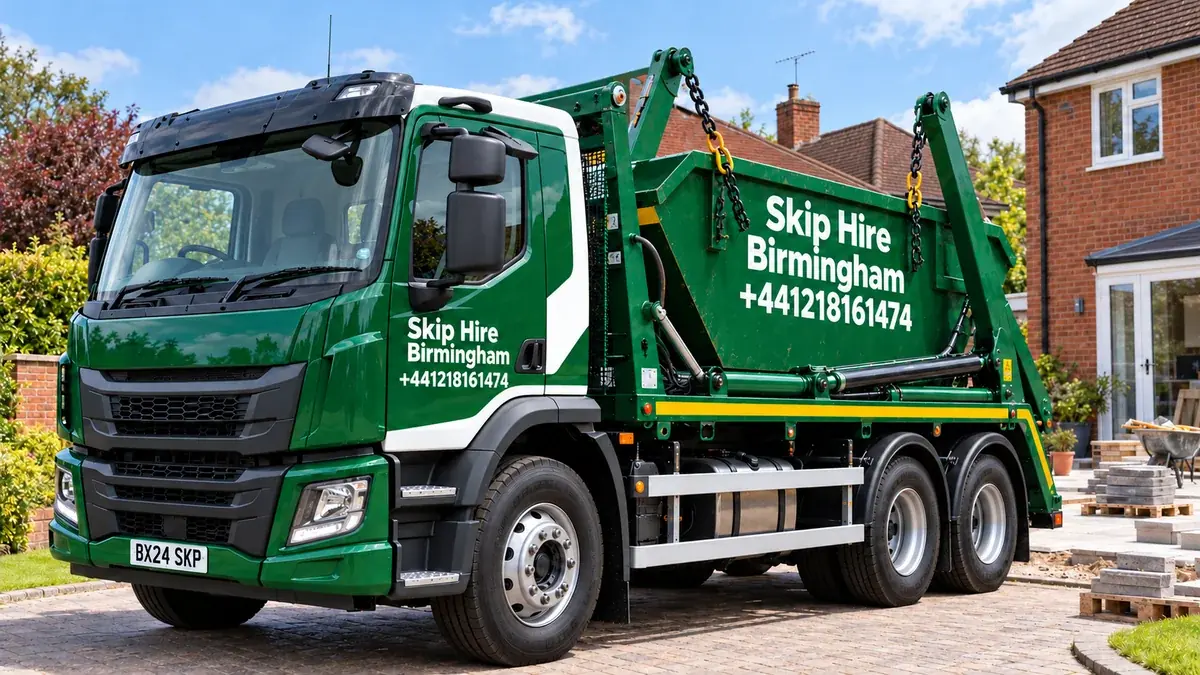 Green Skip Hire Birmingham skip-loader lorry showing the Yardley number +441218161474